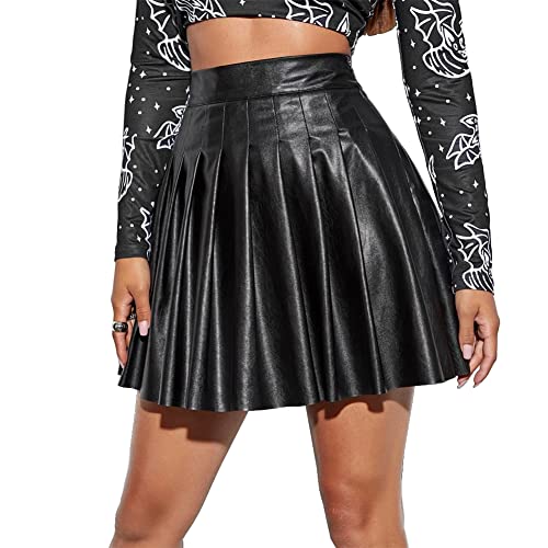 IWEMEK Sexy Damen PU Lackleder Plissierte Skater Minirock Hohe Taille Metallischer Glitzer Wetlook A-Linie Tennis RARA Röcke Freizeit Party Tanz Gothic Cheerleader Kostüm #A: Schwarz M von IWEMEK