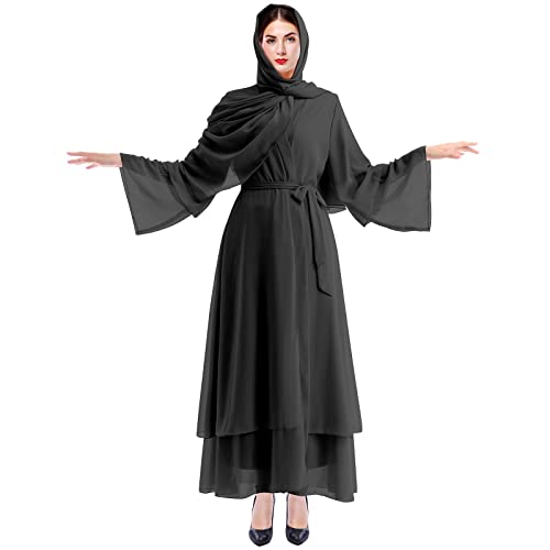 IWEMEK Strickjacke Frauen Muslimische Cardigan Lange Maxikleid + Hijab Kopftuch Passform Langarm Kaftan Damen Burka Abaya Islamic Dubai Arabisch Kleider Gebetskleid Gebetskleidung #A: Schwarz Set M von IWEMEK