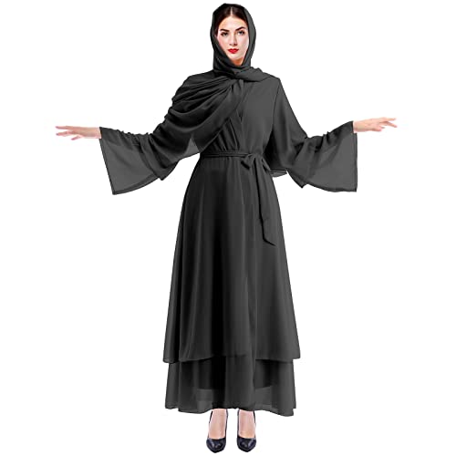IWEMEK Strickjacke Frauen Muslimische Cardigan Lange Maxikleid + Hijab Kopftuch Passform Langarm Kaftan Damen Burka Abaya Islamic Dubai Arabisch Kleider Gebetskleid Gebetskleidung #A: Schwarz Set XXL von IWEMEK