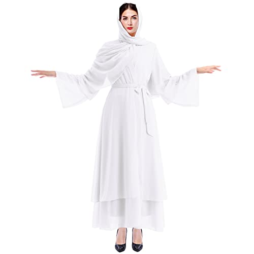 IWEMEK Strickjacke Frauen Muslimische Cardigan Lange Maxikleid + Hijab Kopftuch Passform Langarm Kaftan Damen Burka Abaya Islamic Dubai Arabisch Kleider Gebetskleid Gebetskleidung #A: Weiß Set S von IWEMEK