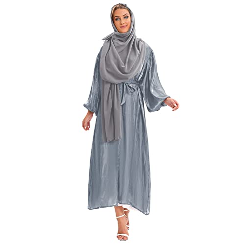 IWEMEK Strickjacke Frauen Muslimische Cardigan Lange Maxikleid + Hijab Kopftuch Passform Langarm Kaftan Damen Burka Abaya Islamic Dubai Arabisch Kleider Gebetskleid Gebetskleidung #B: Blau grau Set S von IWEMEK