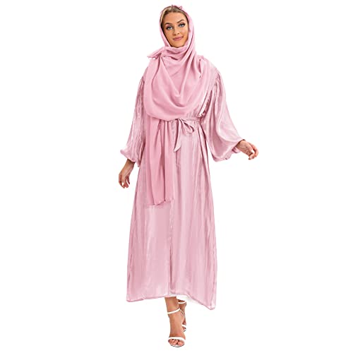 IWEMEK Strickjacke Frauen Muslimische Cardigan Lange Maxikleid + Hijab Kopftuch Passform Langarm Kaftan Damen Burka Abaya Islamic Dubai Arabisch Kleider Gebetskleid Gebetskleidung #B: Rosa Set L von IWEMEK