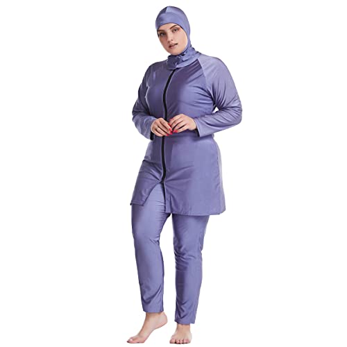 IWEMEK Übergröße Islamische Muslimische Badeanzug Damen Langarm Schwimmkleid Oberteile + Schwimmhose + Schwimm Hijab Badekappe 3tlg Ganzkörper-Badeanzüge Sonnenschutz Bademode Grau Blau XL von IWEMEK