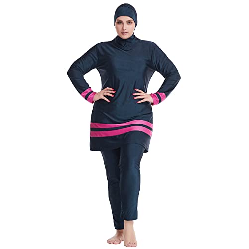 IWEMEK Übergröße Islamische Muslimische Badeanzug Damen Langarm Schwimmkleid Oberteile + Schwimmhose + Schwimm Hijab Badekappe 3tlg Ganzkörper-Badeanzüge Sonnenschutz Bademode Marineblau + Rose 3XL von IWEMEK