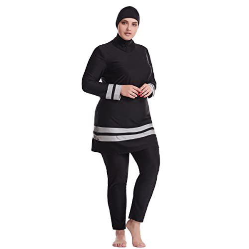 IWEMEK Übergröße Islamische Muslimische Badeanzug Damen Langarm Schwimmkleid Oberteile + Schwimmhose + Schwimm Hijab Badekappe 3tlg Ganzkörper-Badeanzüge Sonnenschutz Bademode Schwarz + Grau 4XL von IWEMEK