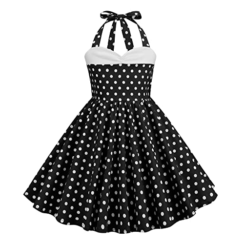 IWEMEK Vintage 1950er Kleider Mädchen Audrey Hepburn Neckneck Ärmellose Knielang A-Linie Rockabilly Swing Punkte Kleid Blumenmädchen Hochzeit Geburtstag Partykleid Abendkleider Schwarz 9-10 Jahre von IWEMEK