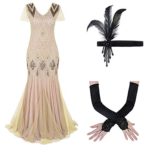 IWEMEK Vintage Damen 1920er Jahre Flapper Great Gatsby Kleid mit Zubehör Pailletten Meerjungfrau Abendkleid Cocktailkleid Ballkied V-Ausschnitt Lang Maxikleid 20er Party Kostüm Outfits Beige 2XL von IWEMEK