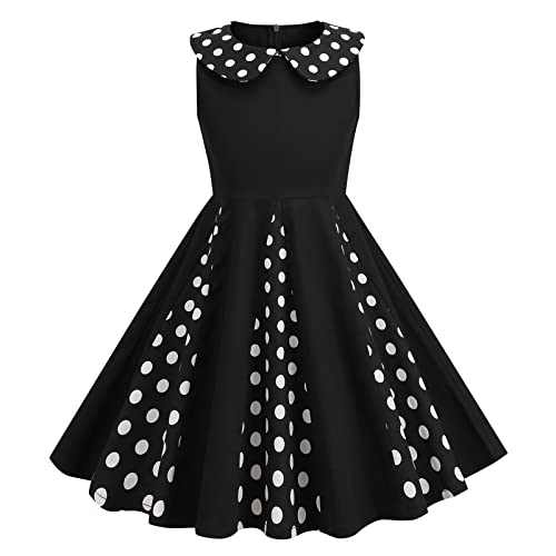 IWEMEK Vintage Kleid Mädchen 1950er Jahre Punkte Polka Dot Halskette Peter Pan Pin Up Hepburn Rockabilly Swing Abendkleid Geburtstag Party Zeremonie Kleider Kinder Sommer Ärmellos, Schwarz , 8-9 Jahre von IWEMEK