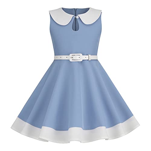 IWEMEK Vintage Mädchen 50er Jahre Kleid Peter Pan Kragen Farbe Block Partykleid mit Gürtel 1950er Audrey Hepburn A-Linie Rockabilly Swing Abendkleid Hochzeitskleid Kommunionkleid Blau 7-8 Jahre von IWEMEK