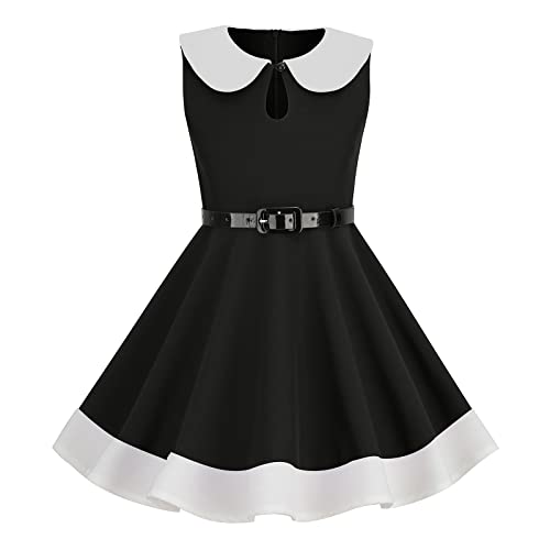 IWEMEK Vintage Mädchen 50er Jahre Kleid Peter Pan Kragen Farbe Block Partykleid mit Gürtel 1950er Audrey Hepburn A-Linie Rockabilly Swing Abendkleid Hochzeitskleid Kommunionkleid Schwarz 8-9 Jahre von IWEMEK