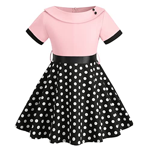 IWEMEK Vintage Mädchen 50er Jahre Polka Dot Kleid Revers Kragen Kurzarm A-Linie Hepburn-Stil Rockabilly Kleid Blumenmädchen Hochzeit Geburtstag Sommer Ballkleid Kinder Party Kleid Rosa 5-6 Jahre von IWEMEK