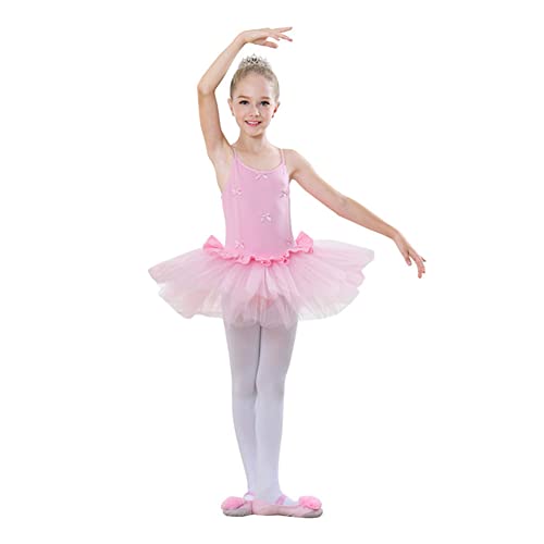 Kinder Tanzkleid Mädchen Trikot Tutu Ballettkleid Ballerina Gymnastikanzug Tüllrock Ärmellos Spaghettiträger Turnanzug Schleifen Tanzbody Knopf Schritt Eiskunstlauf Ballettkleidung Rosa 4-5 Jahre von IWEMEK