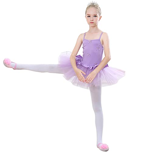 Kinder Tanzkleid Mädchen Trikot Tutu Ballettkleid Ballerina Gymnastikanzug Tüllrock Ärmellos Spaghettiträger Turnanzug Schleifen Tanzbody Knopf Schritt Eiskunstlauf Ballettkleidung Violett 6-7 Jahre von IWEMEK