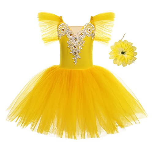 Mädchen Ballettkleid Rüschenärmel Spitze Rock Tütü Balletttrikot + Haarspange Kinder Ballettkleidung Ballettanzug Tanzkleid Tanzbody Skaten Gymnastik Tanzbekleidung Ballerina Kostüm Gelb 5-6 Jahre von IWEMEK