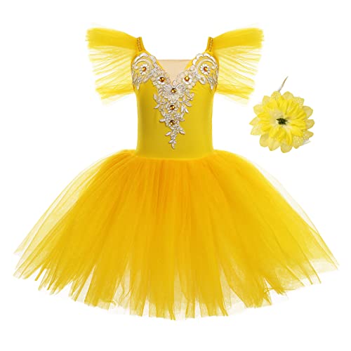 Mädchen Ballettkleid Rüschenärmel Spitze Rock Tütü Balletttrikot + Haarspange Kinder Ballettkleidung Ballettanzug Tanzkleid Tanzbody Skaten Gymnastik Tanzbekleidung Ballerina Kostüm Gelb 7-8 Jahre von IWEMEK