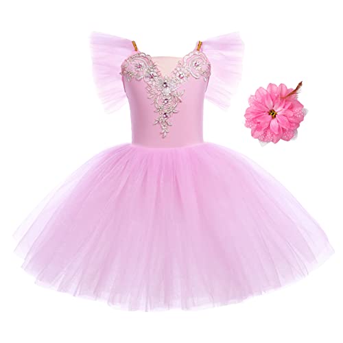 Mädchen Ballettkleid Rüschenärmel Spitze Rock Tütü Balletttrikot + Haarspange Kinder Ballettkleidung Ballettanzug Tanzkleid Tanzbody Skaten Gymnastik Tanzbekleidung Ballerina Kostüm Rosa 4-5 Jahre von IWEMEK