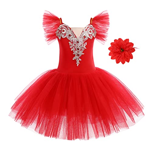 Mädchen Ballettkleid Rüschenärmel Spitze Rock Tütü Balletttrikot + Haarspange Kinder Ballettkleidung Ballettanzug Tanzkleid Tanzbody Skaten Gymnastik Tanzbekleidung Ballerina Kostüm Rot 7-8 Jahre von IWEMEK