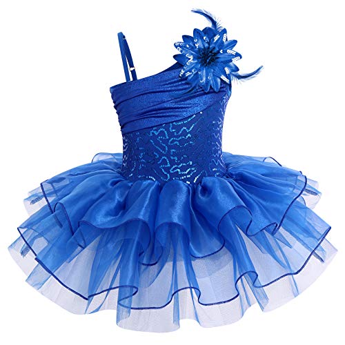 Mädchen Pailletten Ballettkleid Ärmellos Tanzkleid Gymnastikanzug Balletttrikot Tanzbody Tutu Rock Spaghettiträger Skating Ballerina Kleid Kostüm Tanzkleidung Ballettkleidung Königsblau 7-8 Jahre von IWEMEK