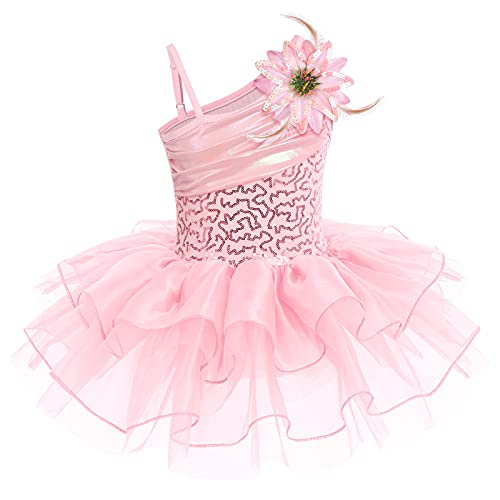 Mädchen Pailletten Ballettkleid Ärmellos Tanzkleid Gymnastikanzug Balletttrikot Tanzbody Tutu Rock Spaghettiträger Skating Ballerina Kleid Kostüm Tanzkleidung Ballettkleidung Rosa 5-6 Jahre von IWEMEK