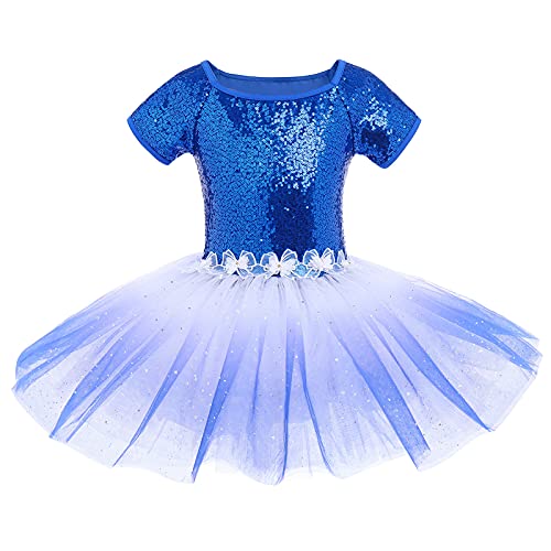 Mädchen Pailletten Balletttrikot Tutu Ballettkleid Tanzkleid Kinder Gymnastik Ballettanzug Tanzbody mit Tüllrock Ballettkleidung Ballerina Kostüm Kurzarm Farbverlauf Tanzkleidung Blau 5-6 Jahre von IWEMEK