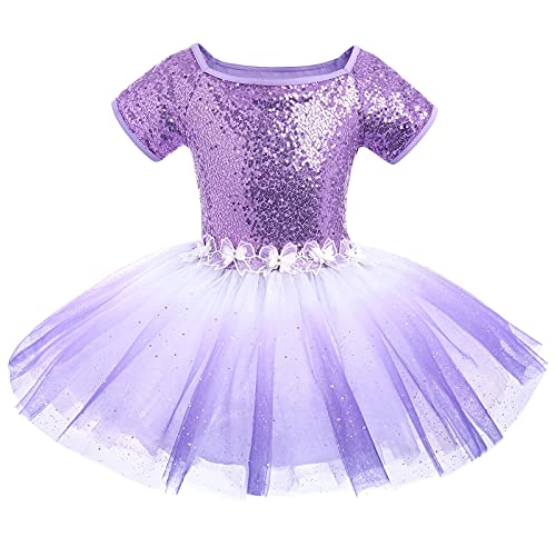 Mädchen Pailletten Balletttrikot Tutu Ballettkleid Tanzkleid Kinder Gymnastik Ballettanzug Tanzbody mit Tüllrock Ballettkleidung Ballerina Kostüm Kurzarm Farbverlauf Tanzkleidung Violett 3-4 Jahre von IWEMEK