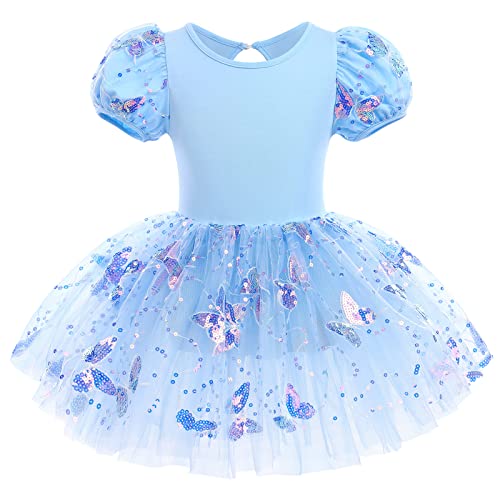 Pailletten Schmetterling Ballerina Kostüm Mädchen Tutu Ballettkleid Ballettkleidung Puffärmel Kurzarm Gymnastikanzug Turnanzug Tüllrock Tanzkleid Kinder Ballettkleidung Tanzkleidung Blau 5-6 Jahre von IWEMEK