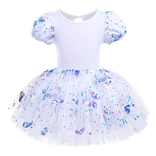 Pailletten Schmetterling Ballerina Kostüm Mädchen Tutu Ballettkleid Ballettkleidung Puffärmel Kurzarm Gymnastikanzug Turnanzug Tüllrock Tanzkleid Kinder Ballettkleidung Tanzkleidung Weiß 3-4 Jahre von IWEMEK