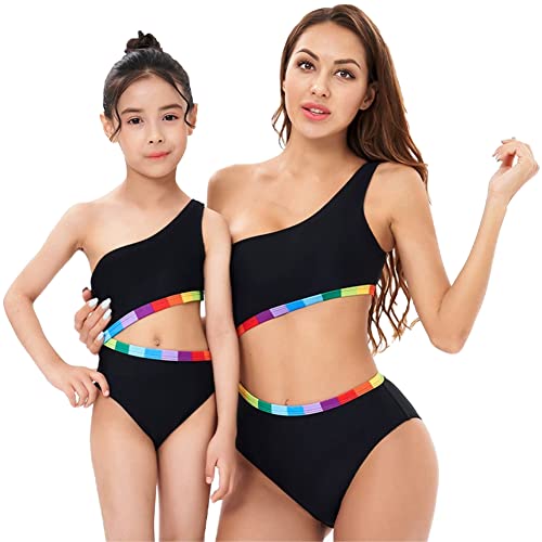 Partnerlook Mutter Tochter Bikini Bdeanzug Mama Tochter 1/2 Stück Rüschen High Waist Verstellbare Träger mit Gepolstert Blumenmuster/Streifen/Leopard Damen Mädchen Bademode #1 Schwarz 2-3 Jahre von IWEMEK