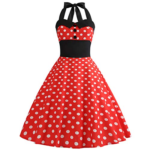 Vintage 50er Jahre Kleid Damen Retro Rockabilly Pin Up Elegant Kleid ohne Ärmel Rücken Ausschnitt Herz Polka Dot Trapez Hochzeit Cocktail Abendparty Zeremonie Casual Knie Midi S-XXL, # Rot, Large von IWEMEK