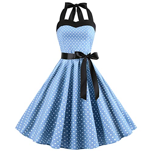 Vintage 50er Jahre Kleid Damen Retro Rockabilly Pin Up Elegant Kleid ohne Ärmel Rücken Ausschnitt Herz Polka Dot Trapez Hochzeit Cocktail Abendparty Zeremonie Casual Knie Midi S-XXL, hellblau, X-Large von IWEMEK