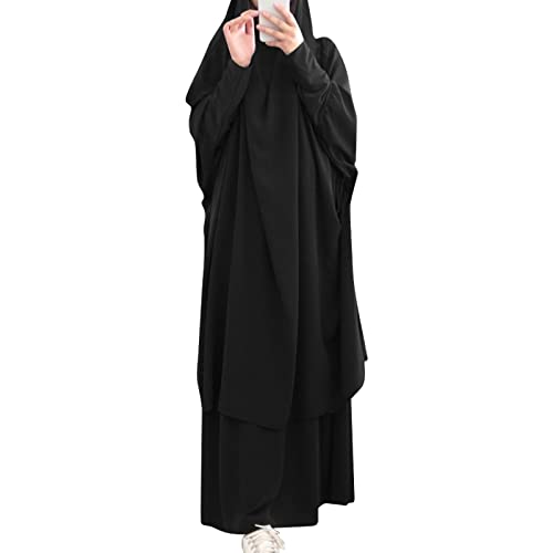 Zweiteiliges Set Muslimisches Kleid Jilbabs für Frauen Gebet Hijab Khimar + Maxirock Anzug Kaftan Volle Länge Langarm Abaya Burka Volle Abdeckung Arabisch Islamische Kleider Kleidung Outfits, Schwarz von IWEMEK