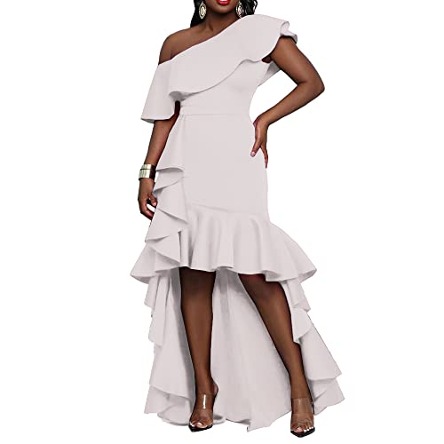 IWFEV Asymmetrisches One Shoulder Falbala Meerjungfrau Kleid Ärmellos Damen Maxikleid Rüschen Kleid, Weiß, Mittel von IWFEV