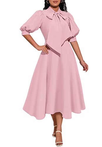 IWFEV Bowknot Puffärmel Damen A-Linie Kleid Hohe Taille Midikleid Einfarbig Kleid, Rose, Groß von IWFEV