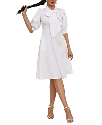 IWFEV Bowknot Puffärmel Damen A-Linie Kleid Hohe Taille Midikleid Einfarbig Kleid, Weiss/opulenter Garten, Mittel von IWFEV
