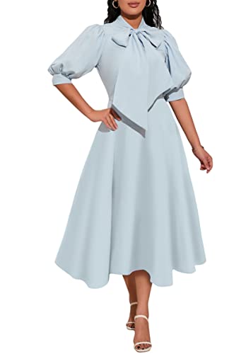 IWFEV Bowknot Puffärmel Damen A-Linie Kleid Hohe Taille Midikleid Einfarbig Kleid, hellblau, Groß von IWFEV