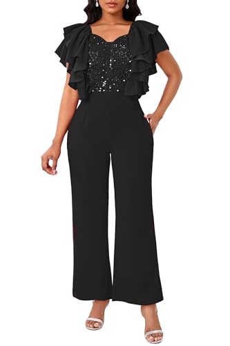 IWFEV Damen Jumpsuit Pailletten Patchwork Overlay Rüschen Ärmellos Volle Länge V-Ausschnitt Strampler mit Taschen, Schwarz, 46 von IWFEV