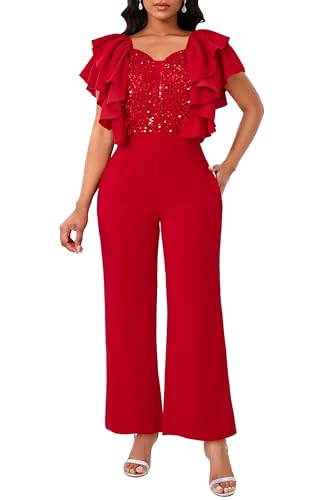 IWFEV Damen Jumpsuit Pailletten Patchwork Overlay Rüschen Ärmellos Volle Länge V-Ausschnitt Strampler mit Taschen, rot, 46 von IWFEV