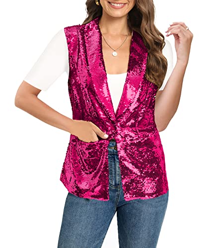 IWFEV Damen Pailletten Blazer Langarm Sparkle Open Front Jacke Schalkragen Cardigan, Ärmelloses Pink, M von IWFEV