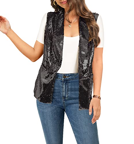 IWFEV Damen Pailletten Blazer Langarm Sparkle Open Front Jacke Schalkragen Cardigan, Schwarz ärmellos, XL von IWFEV