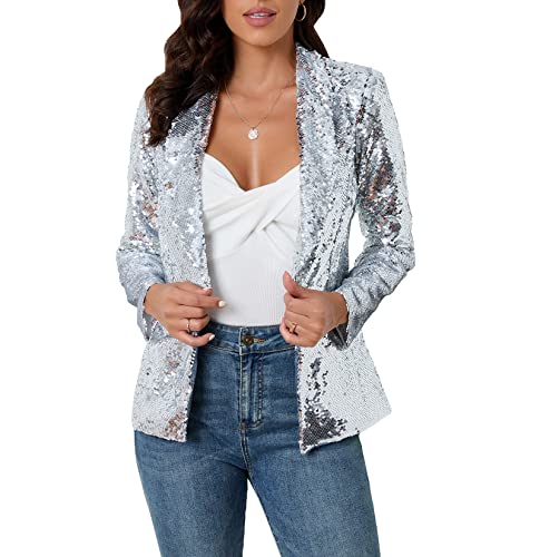 IWFEV Damen Pailletten Blazer Langarm Sparkle Open Front Jacke Schalkragen Cardigan, Silber, XL von IWFEV