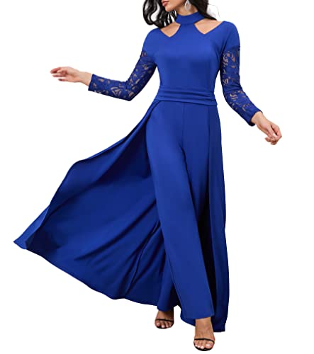 IWFEV Langarm Einfarbig Spitze Party Volle Länge Hohe Taille Damen Patchwork Overlay Jumpsuit, blau, X-Groß von IWFEV