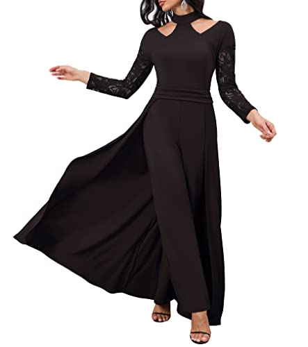IWFEV Langarm Einfarbig Spitze Party Volle Länge Hohe Taille Damen Patchwork Overlay Jumpsuit, schwarz, XX-Large von IWFEV