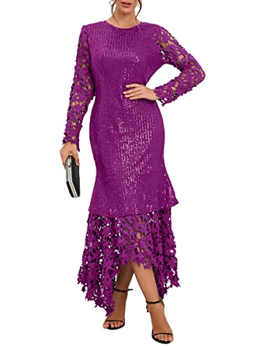 IWFEV Pailletten Bodenlang Hohl Asymmetrisch Damen Maxikleid Spitzenkleid Party Abendkleid, violett, M von IWFEV