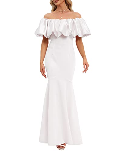 IWFEV Satin Bodenlanges Kleid Ärmellos Bodycon Meerjungfrau Damenkleid Rüschen Maxikleid, Weiss/opulenter Garten, X-Groß von IWFEV