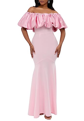 IWFEV Satin Bodenlanges Kleid Ärmellos Bodycon Meerjungfrau Damenkleid Rüschen Maxikleid, Pink, X-Groß von IWFEV