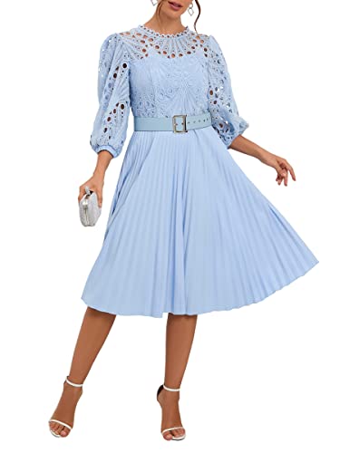 IWFEV Spitzenkleid, plissiert, Puffärmel, wadenlang, kurze Ärmel, Midi-Kleid, hohles Party-Abendkleid, hellblau, L von IWFEV