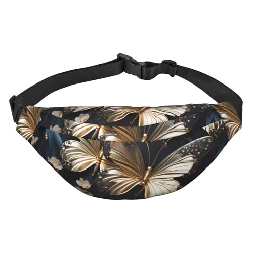 Gold Weiß Schmetterlinge Schwarz Hüfttasche Leicht und wasserdicht, geeignet für Reisen und den täglichen Gebrauch, modisches Design, für Damen und Herren von IWFNCJNY