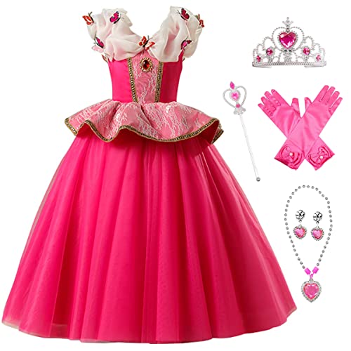 IWFREE Mädchen Prinzessin Aurora Kostüm Cosplay Dornröschen Schmetterling Chiffon Maxi Abendkleid und Krone Handschuhe Outfits für Kinder Halloween Karneval Geburtstag Party Verkleidung Costume von IWFREE