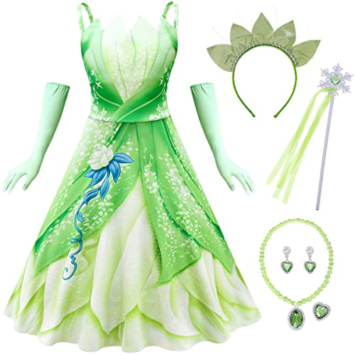 IWFREE Mädchen Prinzessin Tiana Kostüm Cosplay Froschprinzessin Schulterriemen Maxi Abendkleid mit Handschuhen und Stirnband Outfits für Kinder Halloween Karneval Geburtstag Party Verkleidung Costume von IWFREE