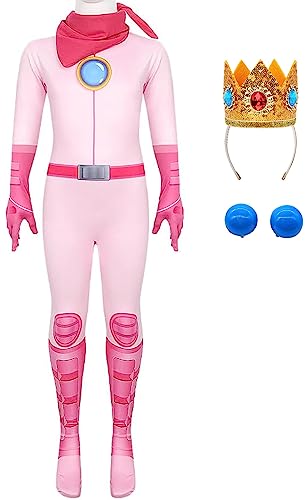 IWFREE Peach Kostüm Jumpsuit mit Krone Mädchen Princess Pfirsich Bodysuit Overalls und Halstuch Ohrringe Anzug 4 Stück für Kinder Verkleidung Geburtstag Halloween Karneval Party Fasching Outfit Rosa von IWFREE